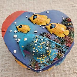Colorful Hand Painted Heart Shaped Tropical Fish Trinket Box Ceramic 3D Fish